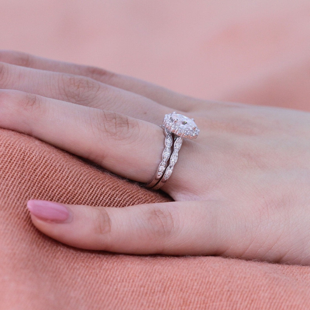 1.50ct Oval Cut Moissanite Halo Engagement Ring with Matching Wedding Band