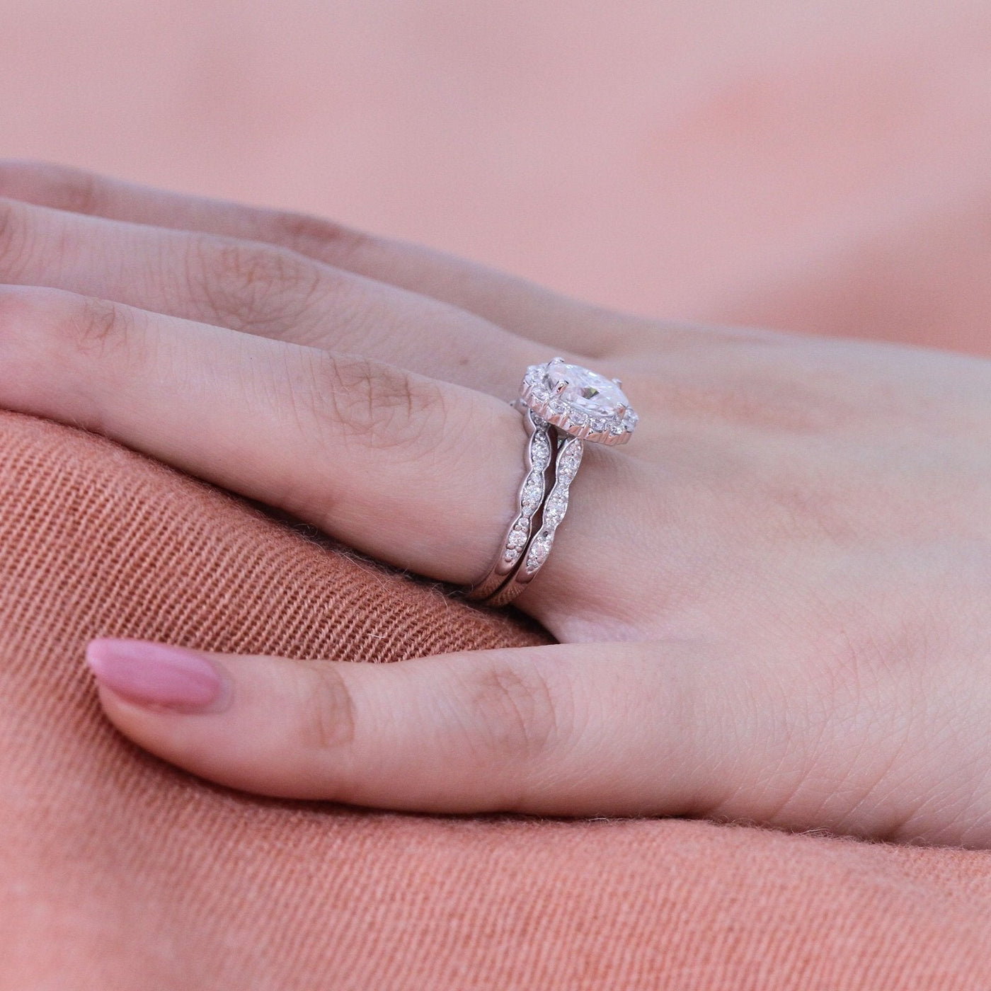 1.50ct Oval Cut Moissanite Halo Engagement Ring with Matching Wedding Band