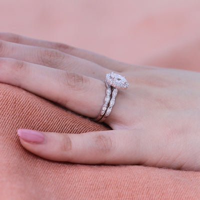 1.50ct Oval Cut Moissanite Halo Engagement Ring with Matching Wedding Band