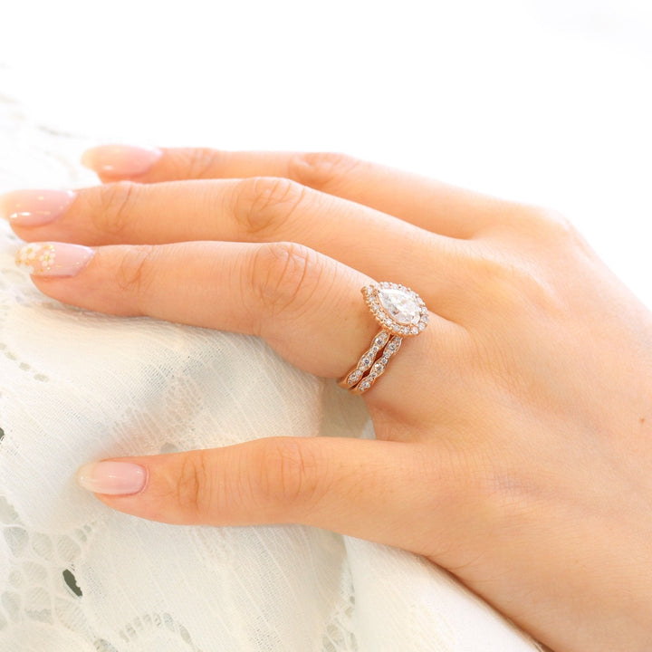 Pear cut moissanite with halo bridal band set 14k in rose gold