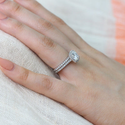 Cushion Cut Halo Pave Moissanite Ring With Diamond Band Ring