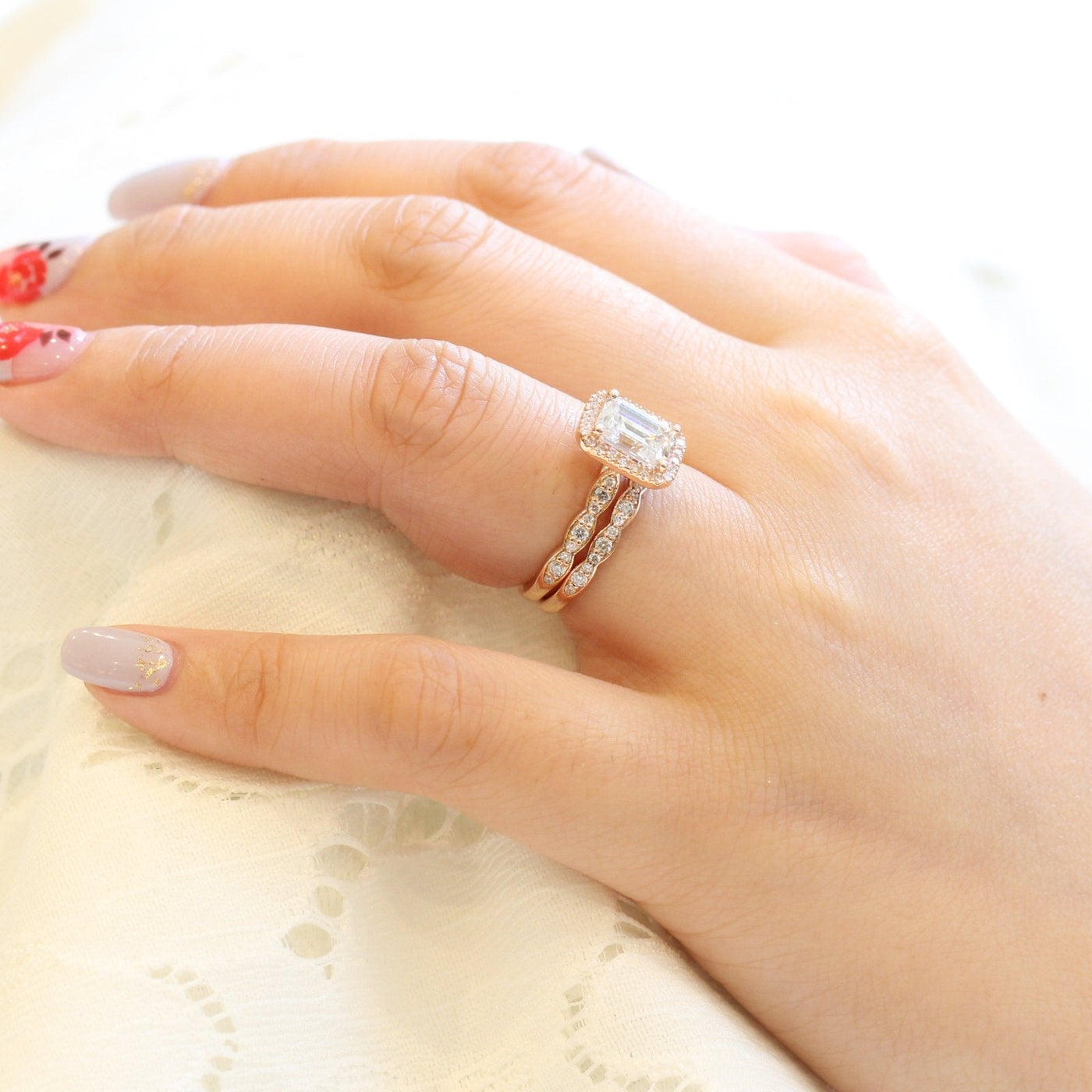 1.60ct Emerald Cut Moissanite Halo Engagement Ring with Match Wedding Band