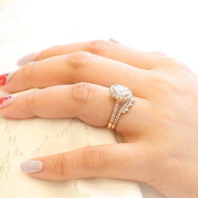 1.5ct Oval Cut Moissanite Halo Engagement Ring With Crown Wedding Band