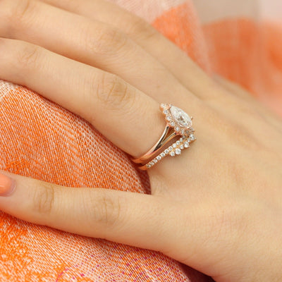 Pear Cut Halo Moissanite Ring With Crown Diamond Band