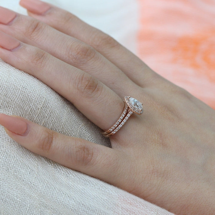 Pear Cut Halo Pave Ring With Diamond Wedding Band