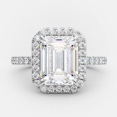 3.0ct Emerald Cut Moissanite Diamond Halo Engagement Ring
