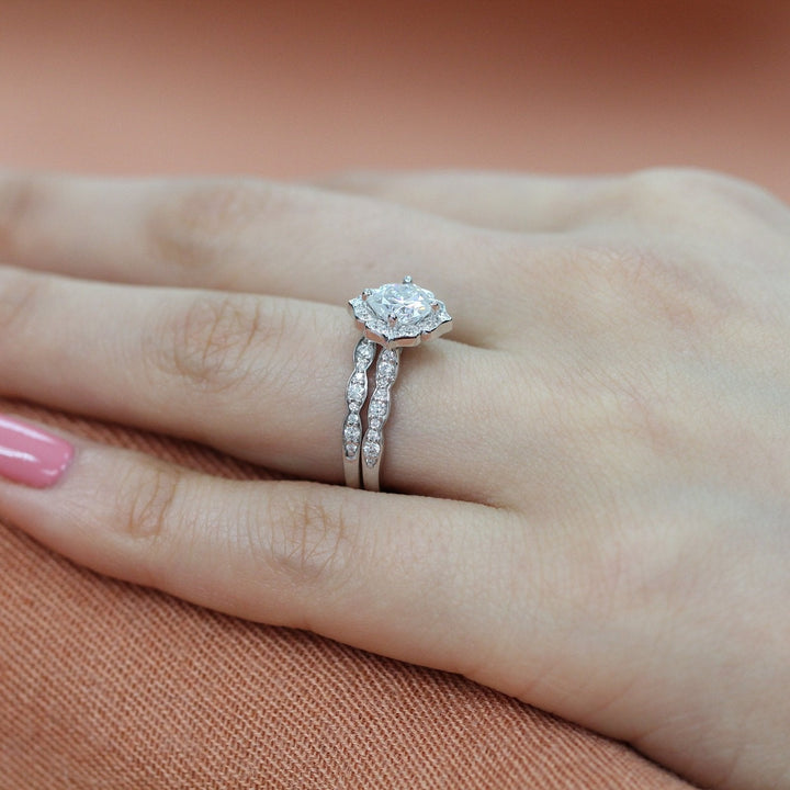 Cushion Cut Moissanite Ring With Diamond Band