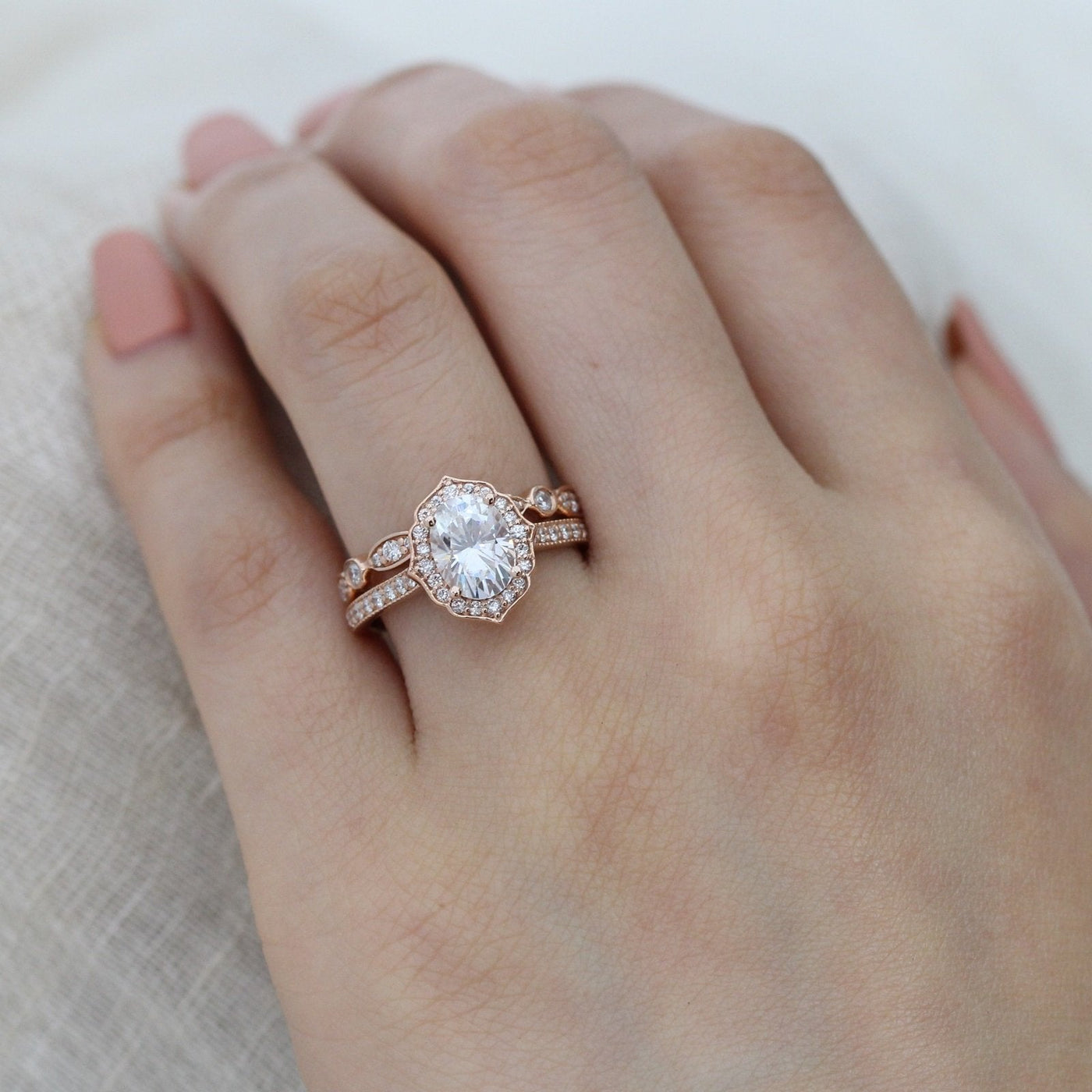 1.50ct Oval Cut Moissanite Unique Halo Ring With Bezel Wedding Band