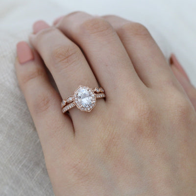 1.50ct Oval Cut Moissanite Unique Halo Ring With Bezel Wedding Band