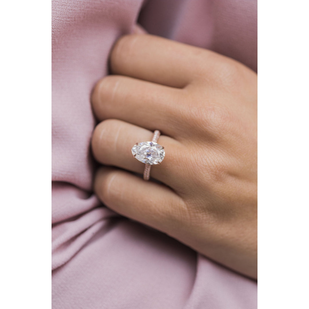 3.20CT Elongated Oval Cut Three Side Pave Moissanite Diamond Hidden Halo Engagement Ring