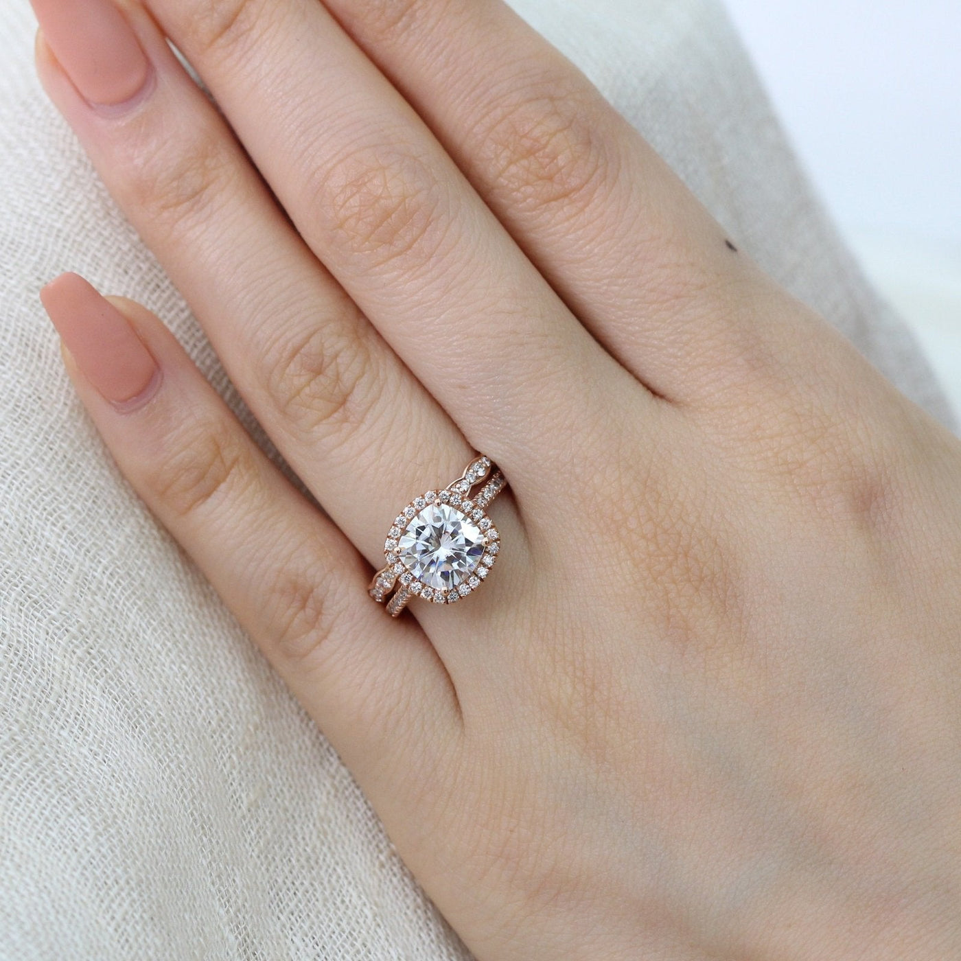 Cushion Halo Pave Moissanite Ring With Scalloped Diamond Band