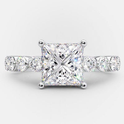 2.0ct Princess Cut Bubble Pave Moissanite Diamond Engagement Ring in 14K White Gold 