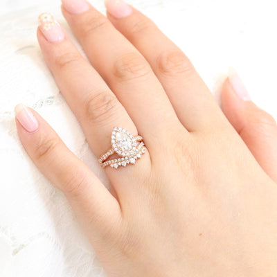 1.50ct Pear Cut Moissanite Halo Ring With Crown Diamond Band