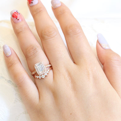 1.60ct Emerald Cut Moissanite Halo Ring With Curved Matching Band