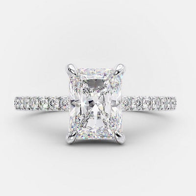 2.0ct Radiant Cut Hidden Halo Moissanite Diamond Engagement Ring in 14K White Gold 
