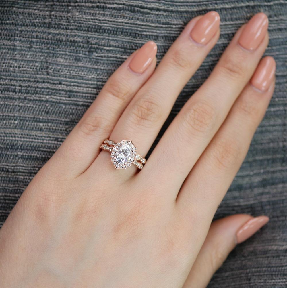 Oval cut moissanite with halo bridal band set 14k in rose gold