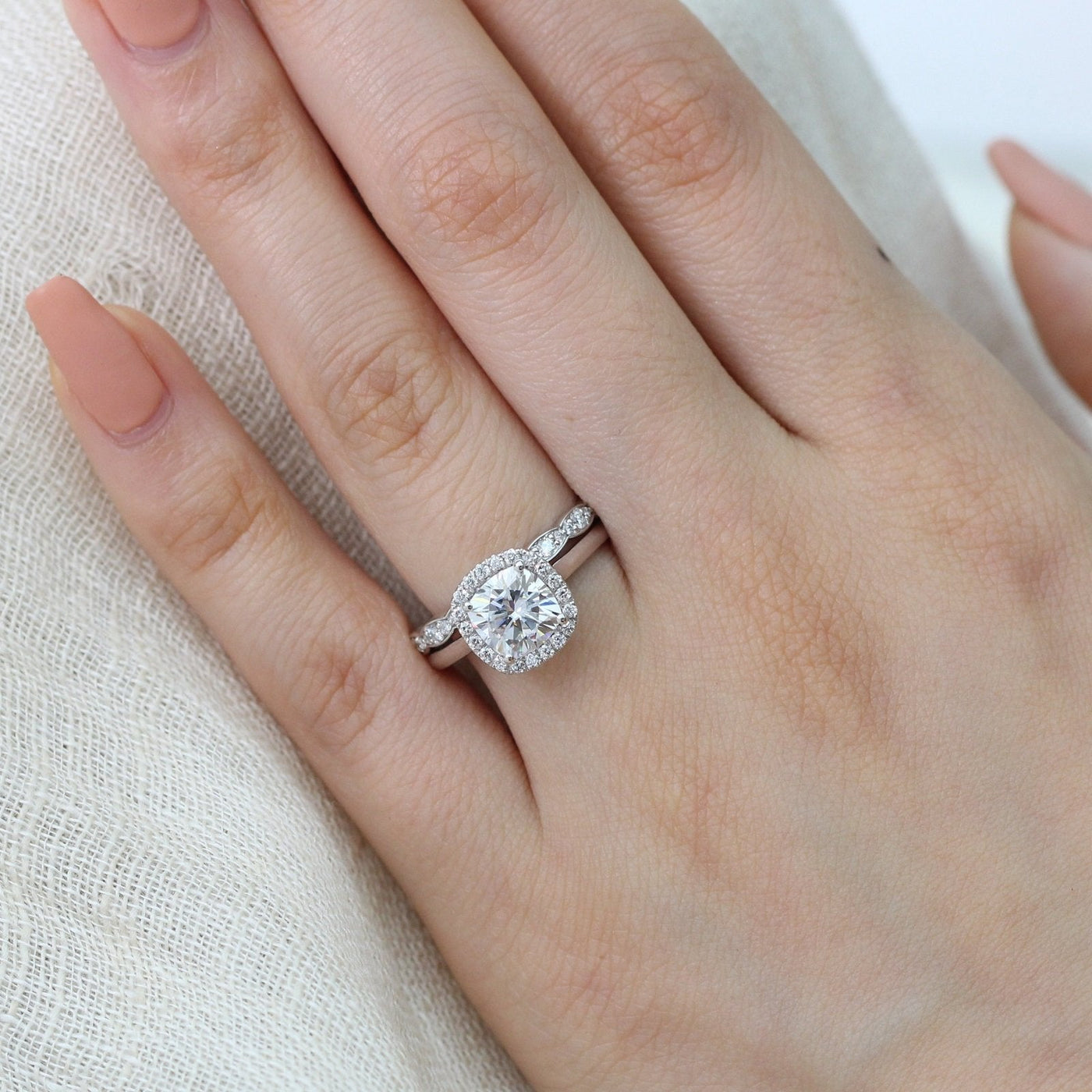 Solitaire Cushion Cut Halo Moissanite With Scalloped Band Ring
