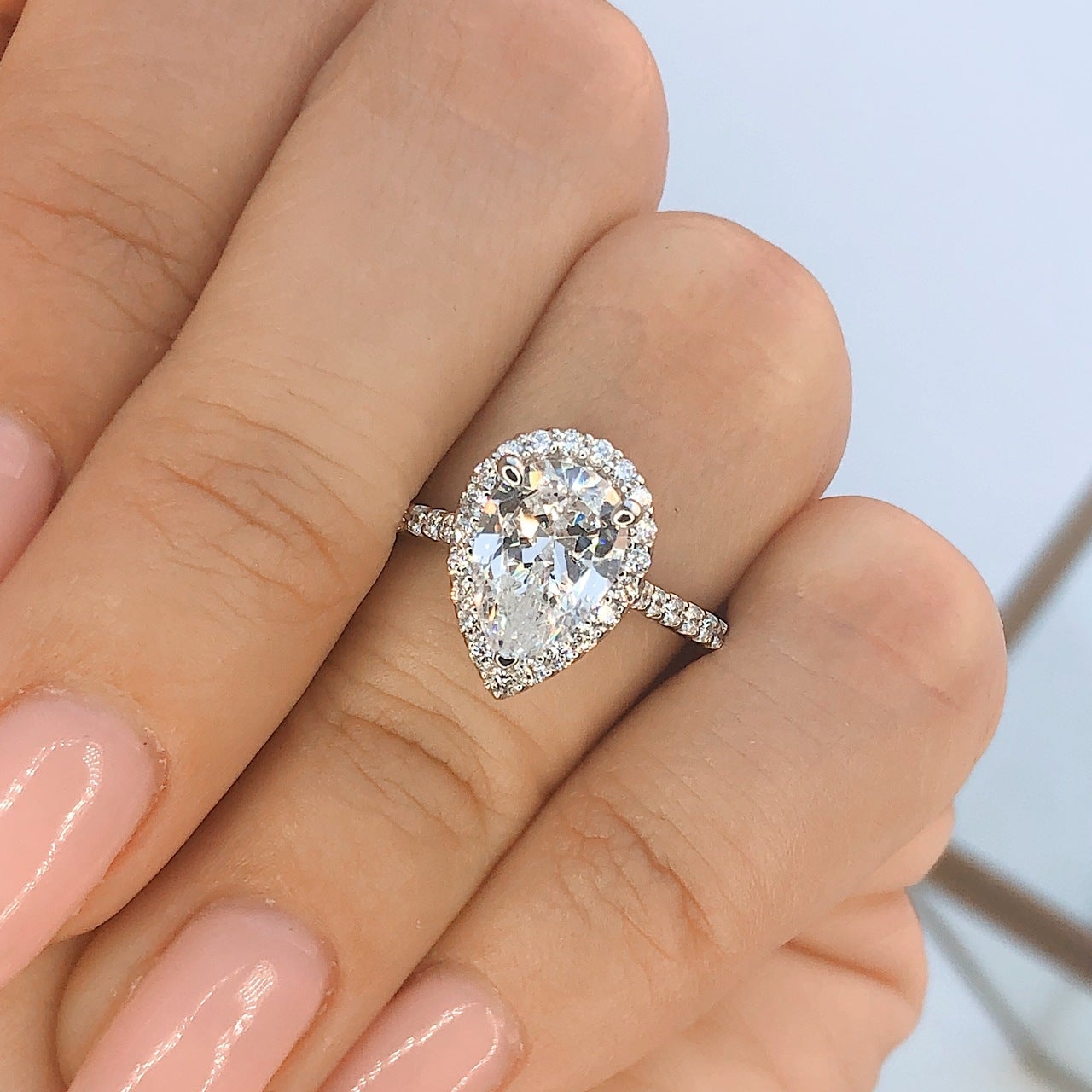 1.93ct Pear Cut Halo Moissanite Solitaire Engagement Ring