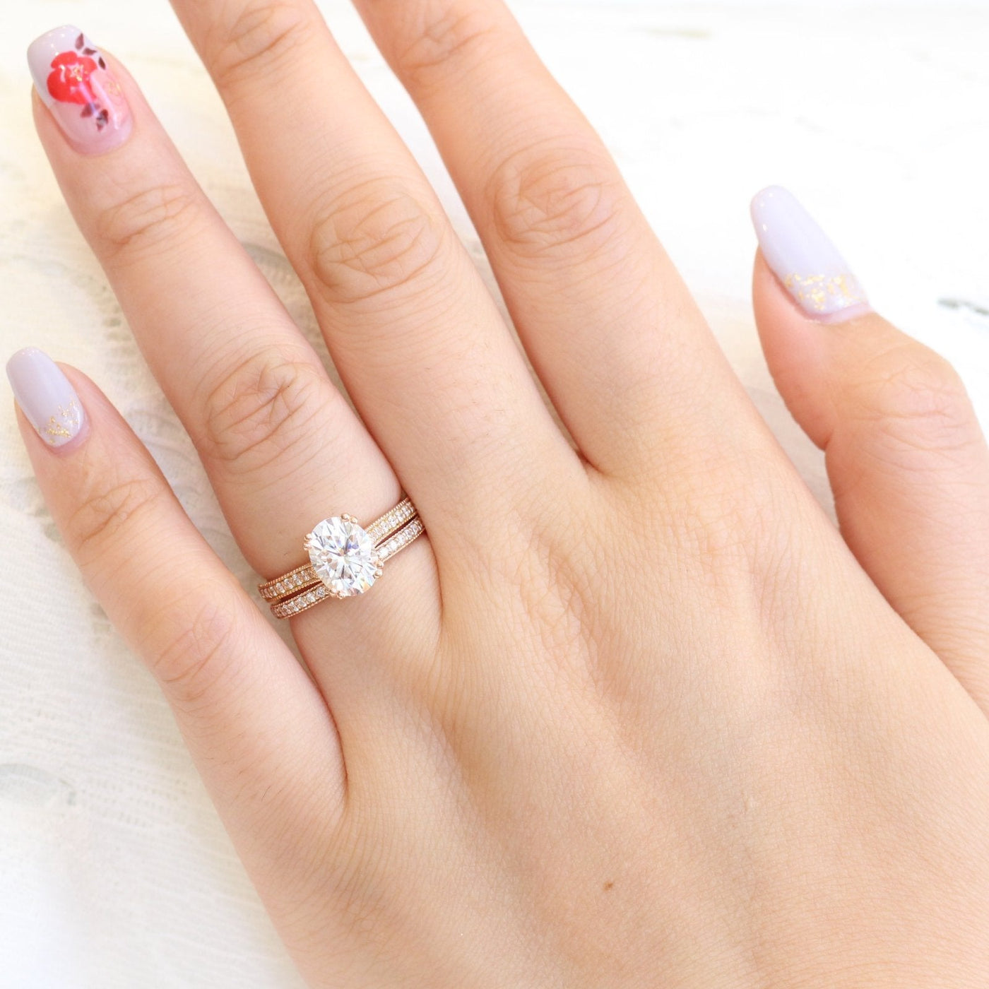 2.0ct Oval Moissanite Channel Set Engagement Ring with Matching Wedding Band