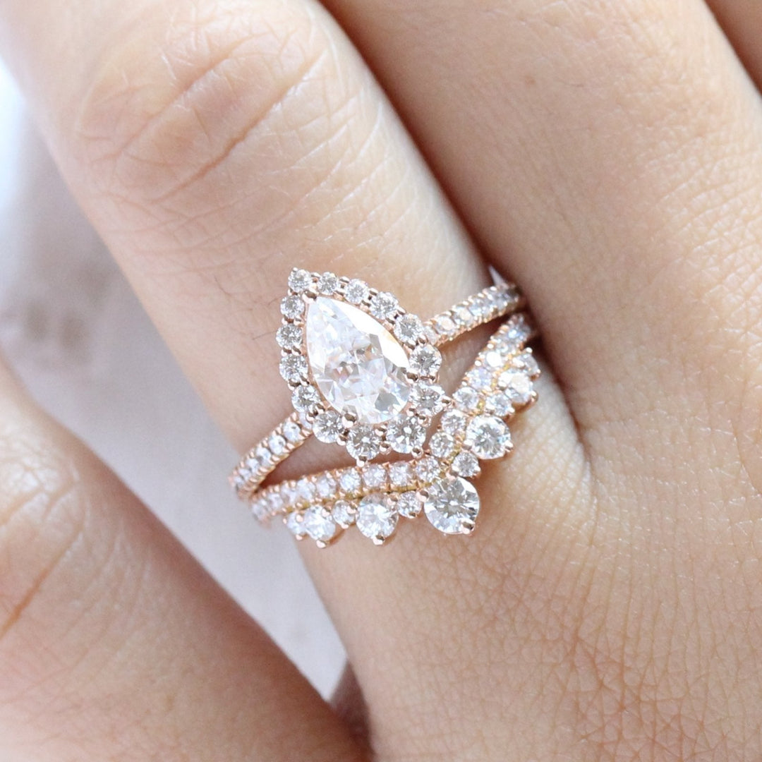 Tiara Halo Pave Bridal Set With Pear Moissanite and Tiara Diamond Band