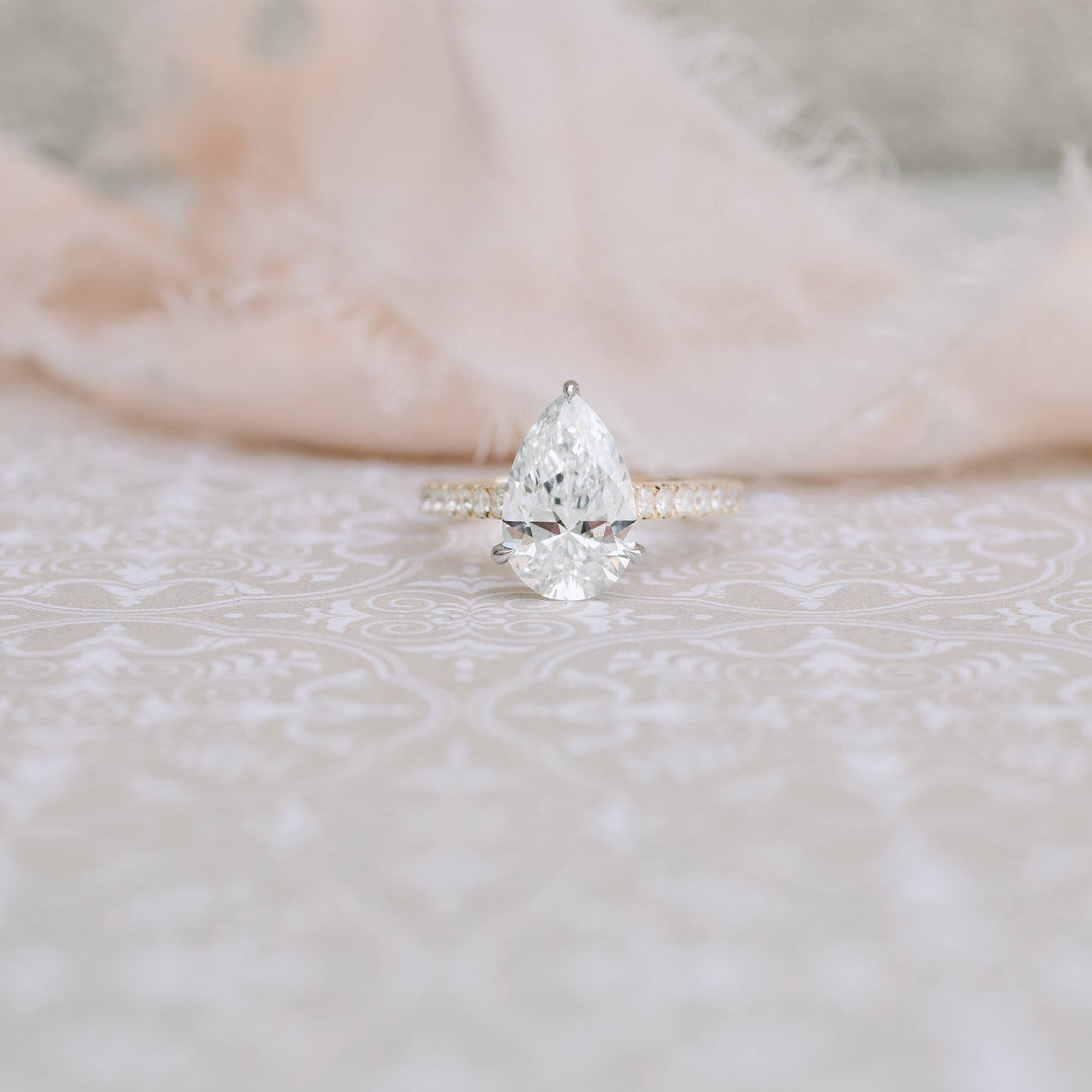 2.25CT Pear Cut Moissanite Cathedral Pave Diamond Engagement Ring