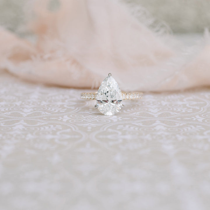 2.25CT Pear Cut Moissanite Cathedral Pave Diamond Engagement Ring