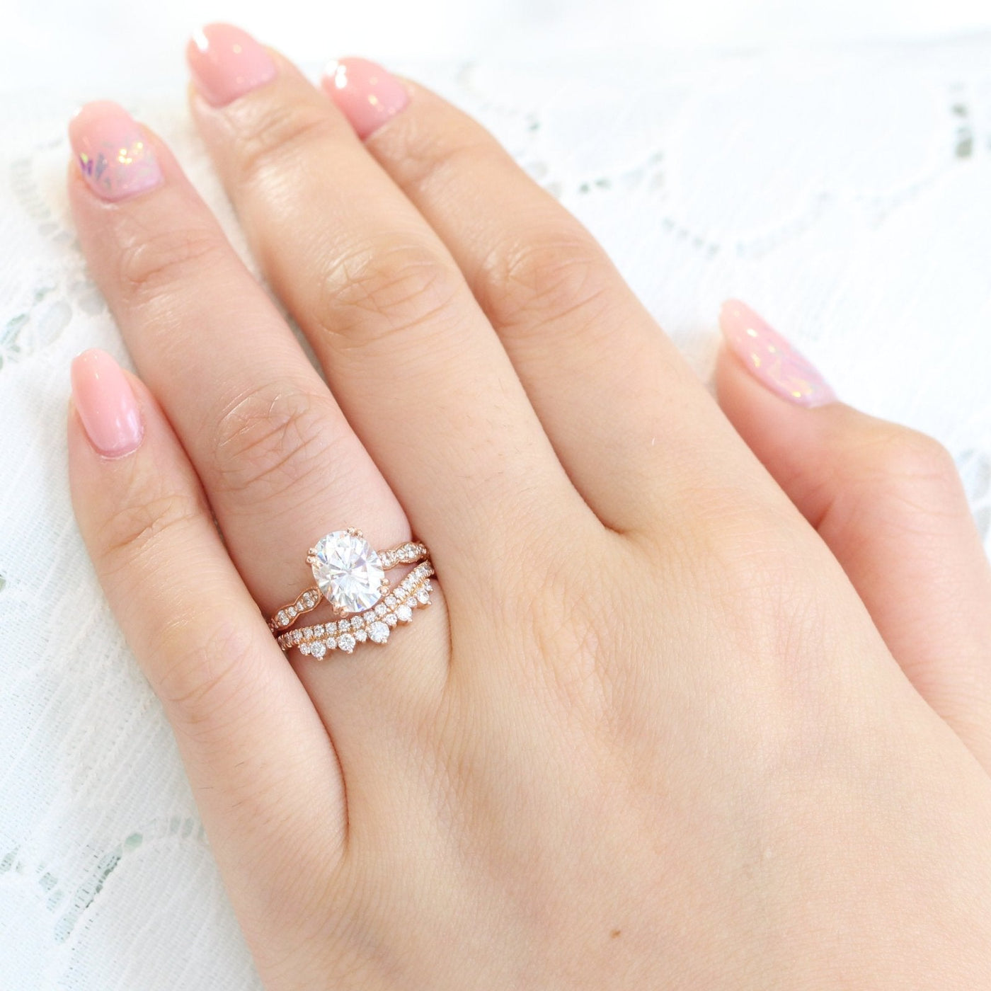 Solitaire Oval Moissanite Ring With Crown Diamond Band Ring