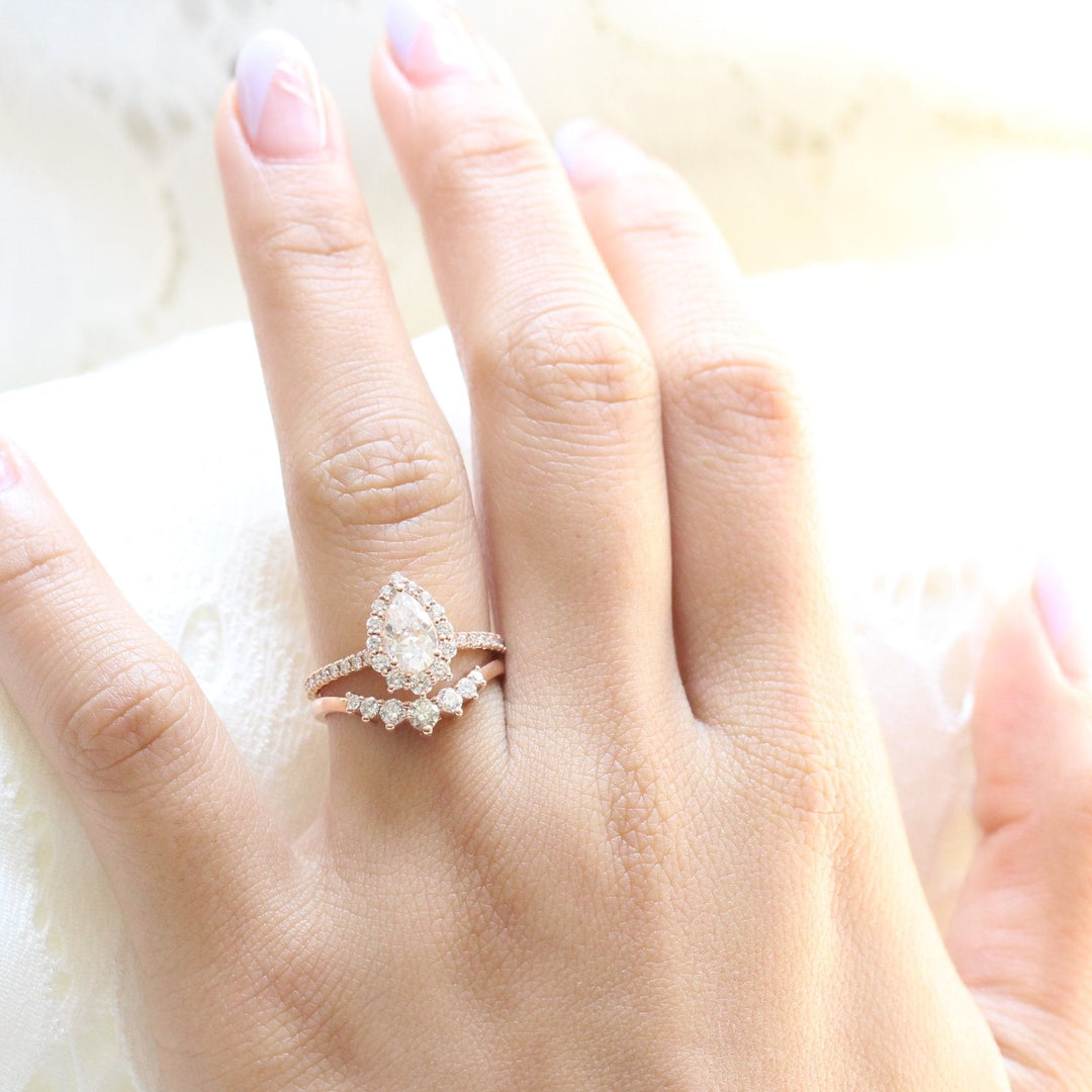 Pear cut moissanite with halo bridal band set 14k in rose gold
