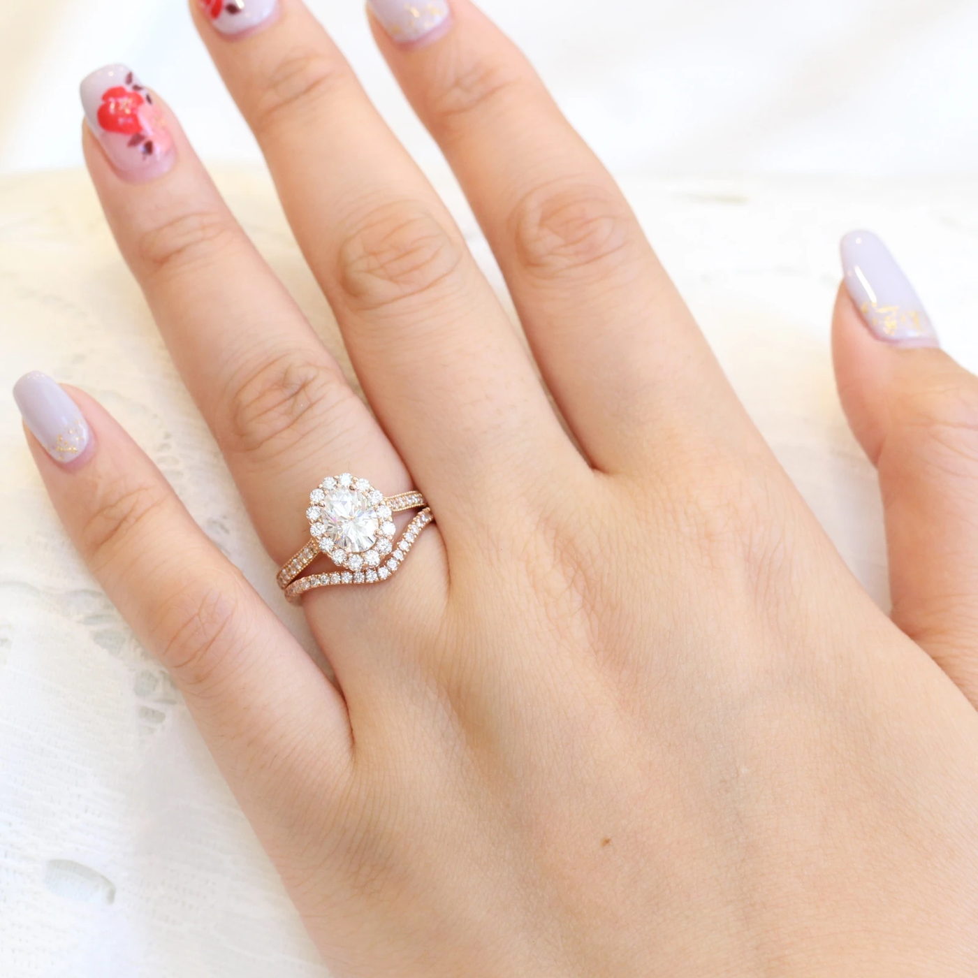 1.50ct Oval Cut Moissanite Halo Engagement Ring With Curved Wedding Band