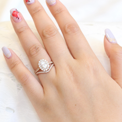 1.50ct Oval Cut Moissanite Halo Engagement Ring With Curved Wedding Band