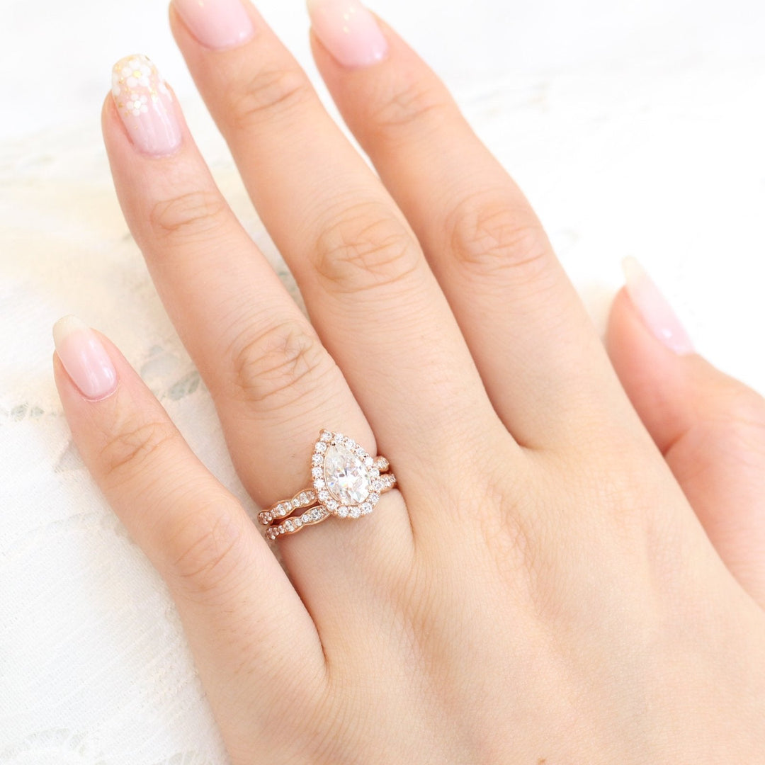 Pear cut moissanite with halo bridal band set 14k in rose gold