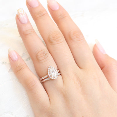 Pear cut moissanite with halo bridal band set 14k in rose gold