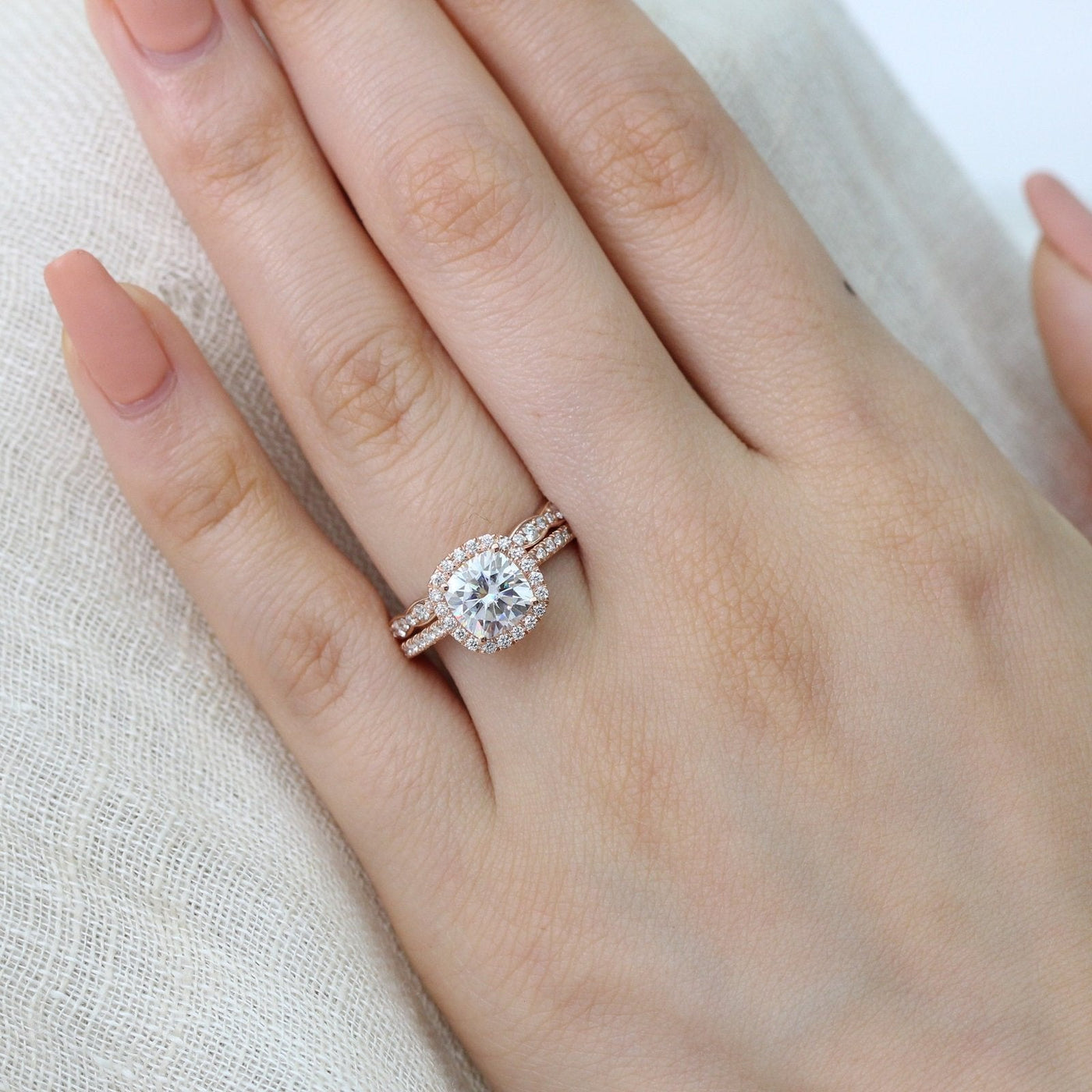 Cushion Cut Halo Pave Ring With Scalloped Diamond Band