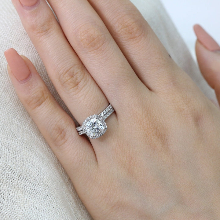 Cushion Cut Halo Pave Moissanite Ring With Diamond Band Ring