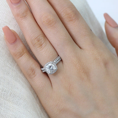 Cushion Cut Halo Pave Moissanite Ring With Diamond Band Ring