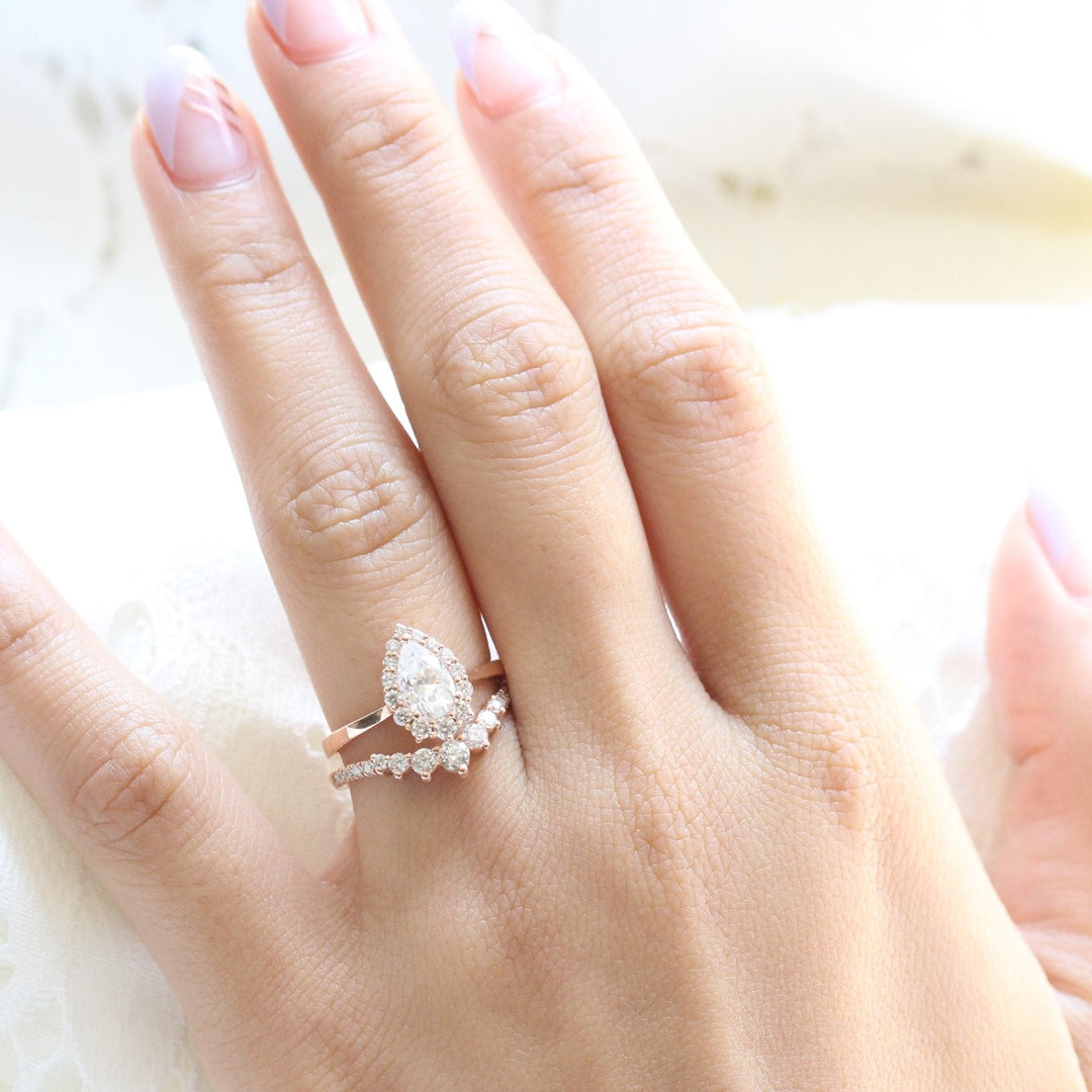 Pear cut moissanite with halo bridal band set 14k in rose gold