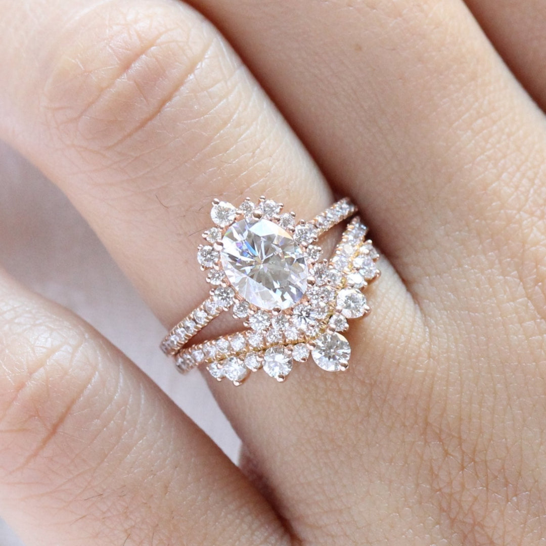 Tiara Halo Oval Ring Set in Pave Band With Tiara Diamond Wedding Band