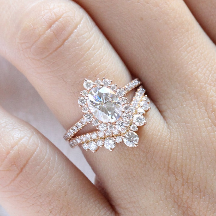 Tiara Halo Oval Ring Set in Pave Band With Tiara Diamond Wedding Band