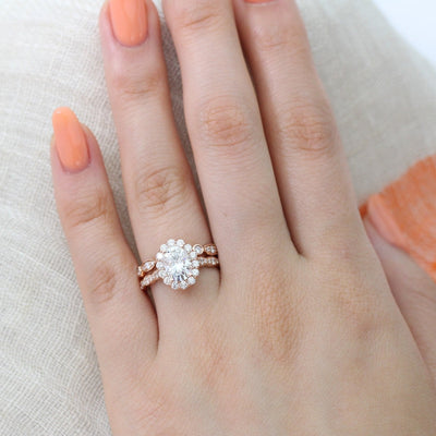 1.50ct Oval Moissanite Halo Engagement Ring With Matching Diamond Band