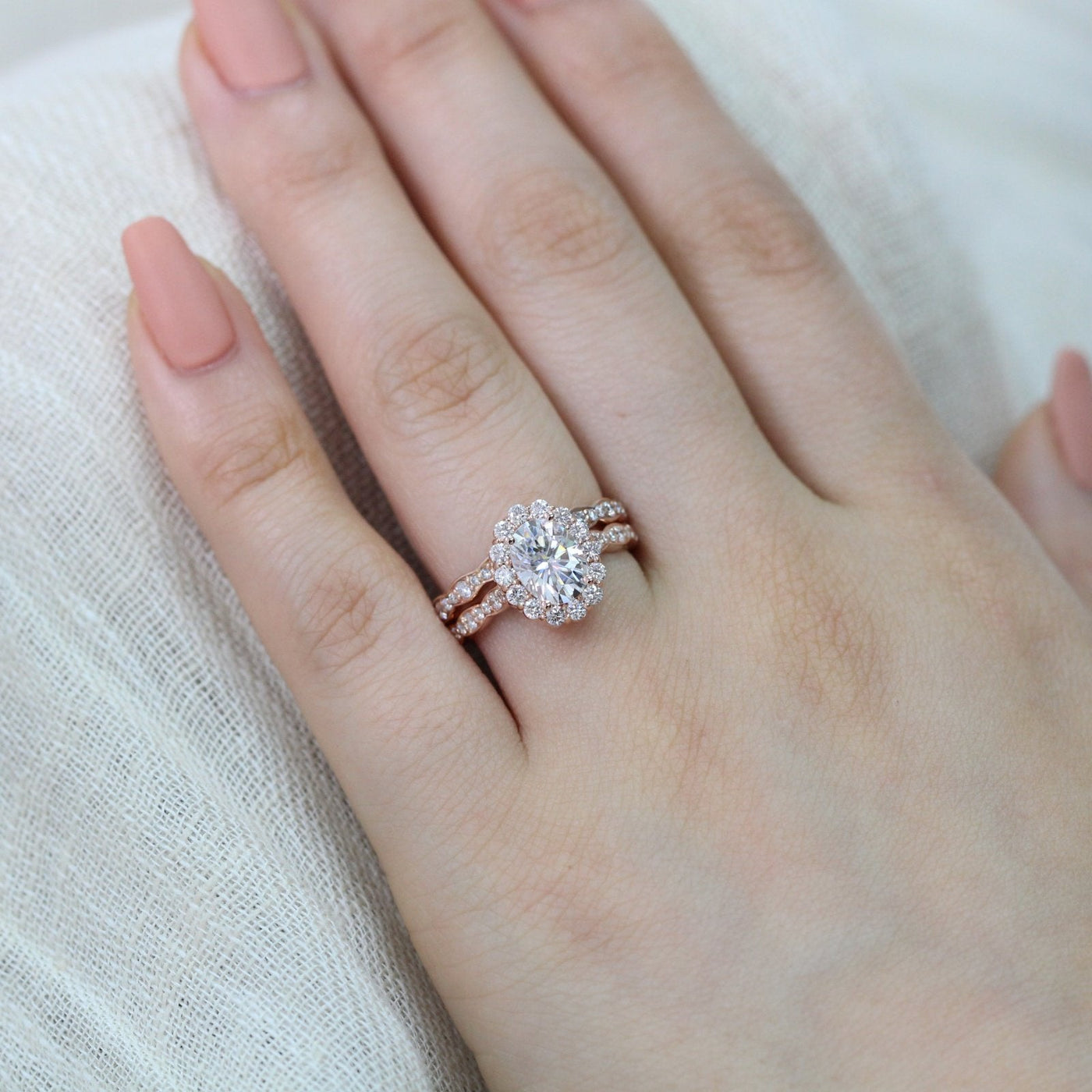 1.50ct Oval Cut Moissanite Halo Engagement Ring with Matching Wedding Band