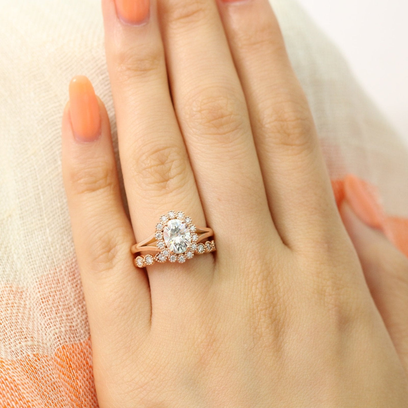 Vintage Oval Halo Moissanite Ring With Milgrain Diamond Band