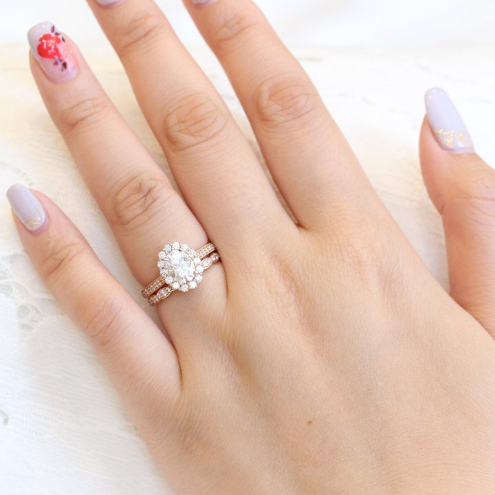 1.50ct Oval Cut Moissanite Halo Ring With Unique Matching Wedding Band