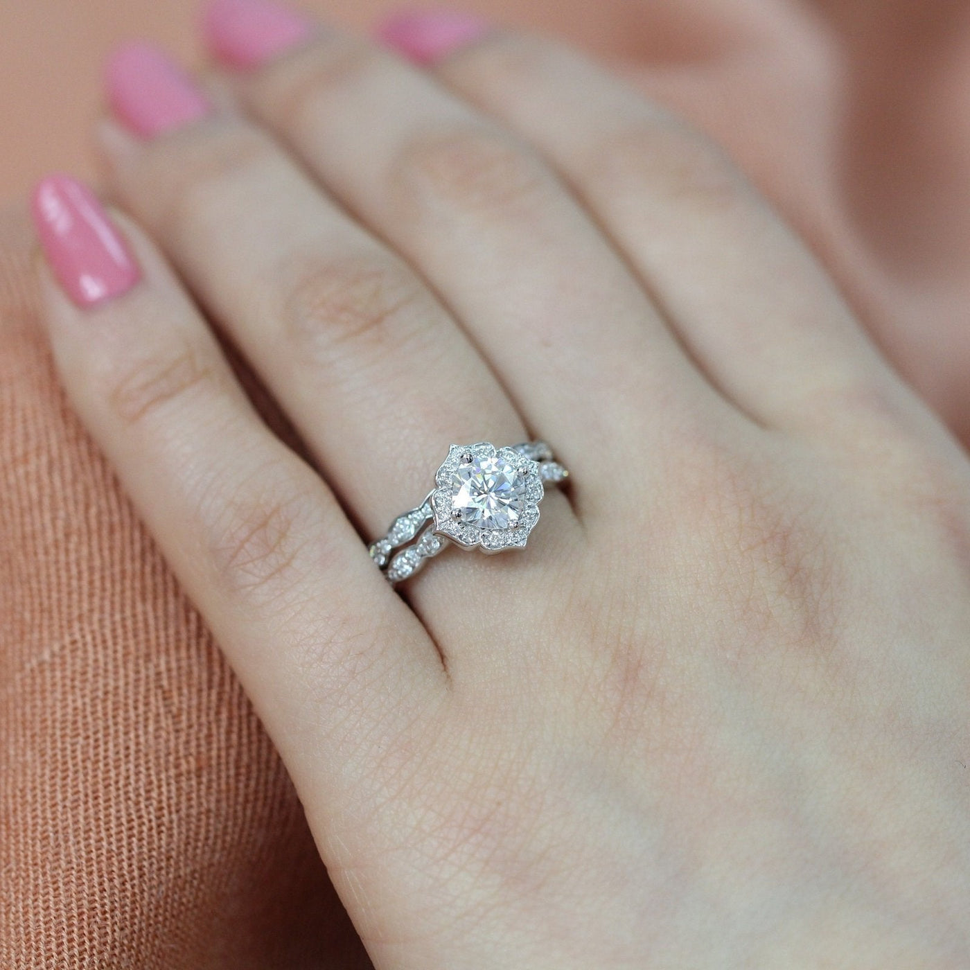 Cushion Cut Moissanite Ring With Diamond Band