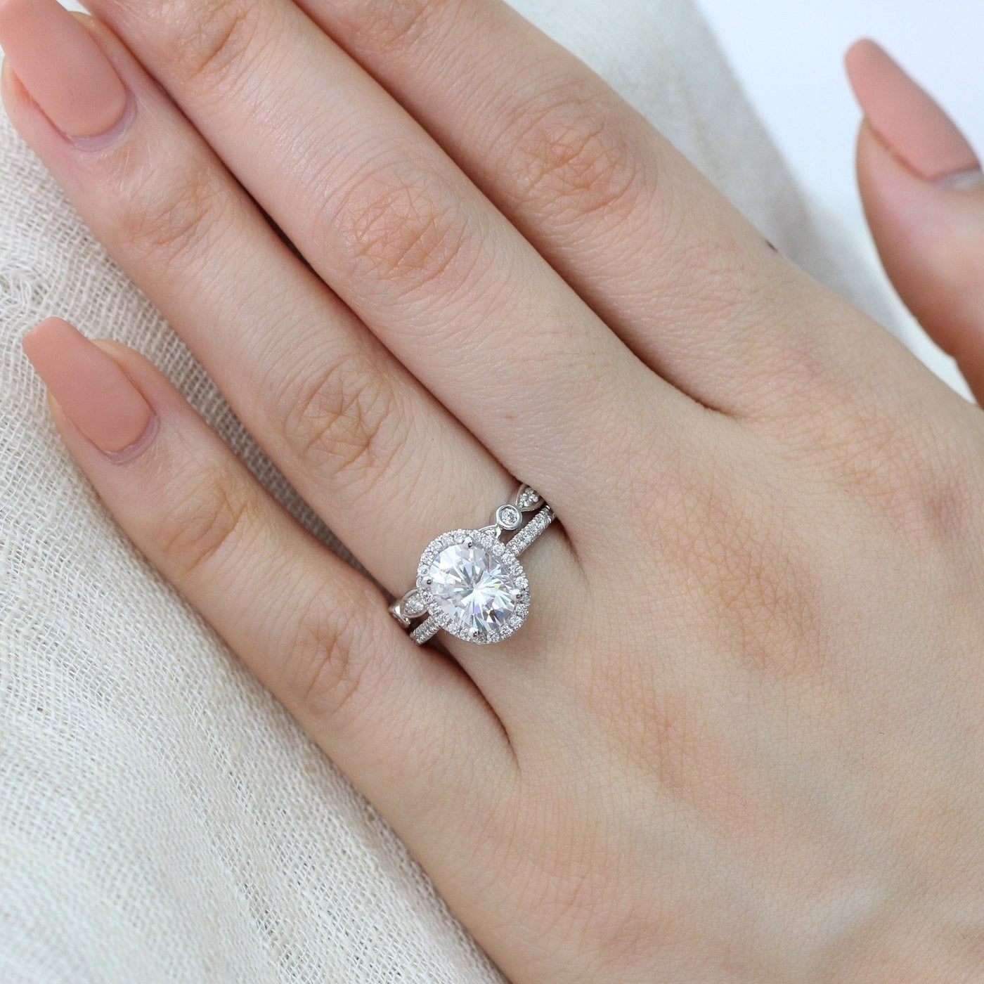 2.0ct Oval Cut Moissanite Halo Engagement Ring With Unique Wedding Band