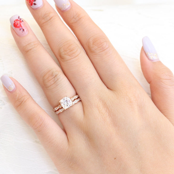 Cushion Cut Moissanite Ring With Halo Diamond Band