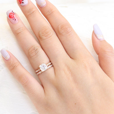 Cushion Cut Moissanite Ring With Halo Diamond Band