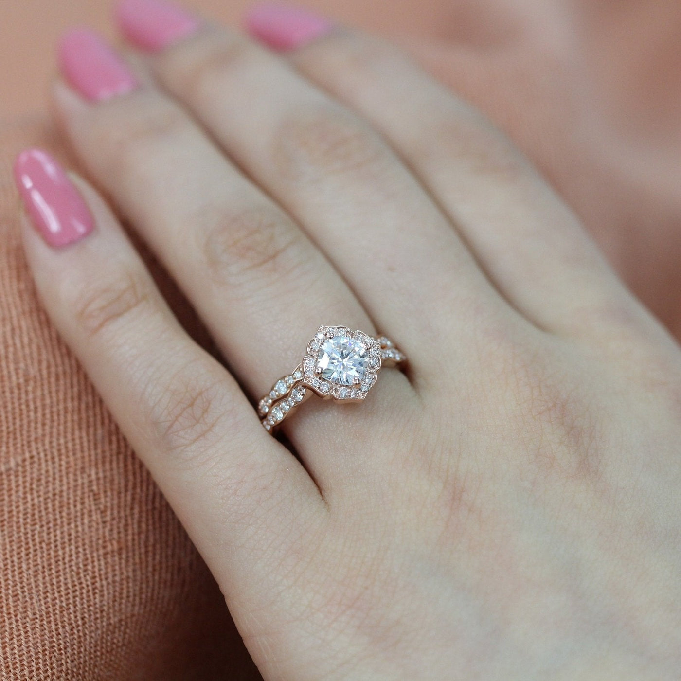 Cushion cut moissanite with bridal band set 14k in rose gold