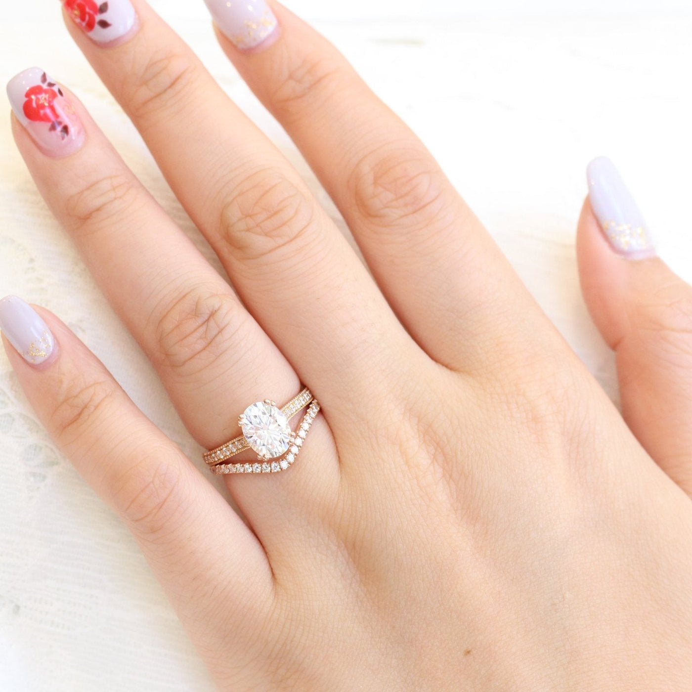 2.0ct Oval Cut Moissanite Cathedral Set Ring With U Shape Wedding Band