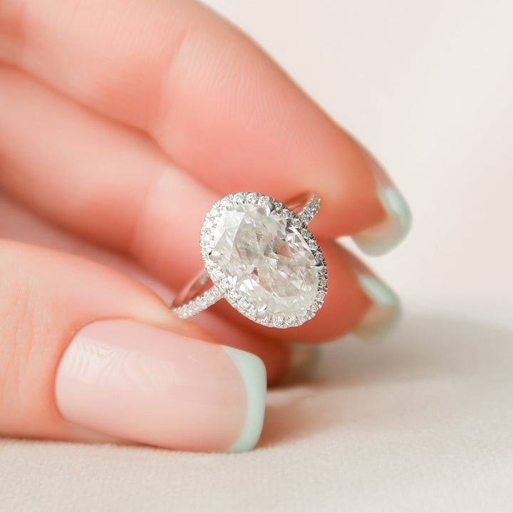 3.50CT Elongated Oval Cut Halo Moissanite Diamond Pave Engagement Ring