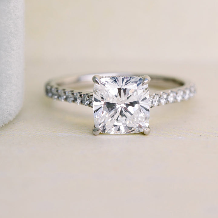 2.25CT Cushion Cut Moissanite Cathedral Pave Diamond Engagement Ring